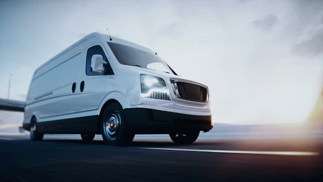 3d generic white delivery van on highway. Very fast driving. Delivery concept. Realistic 4k animation.