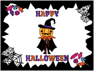 マントを着たかぼちゃとキャンディのハロウィンカード