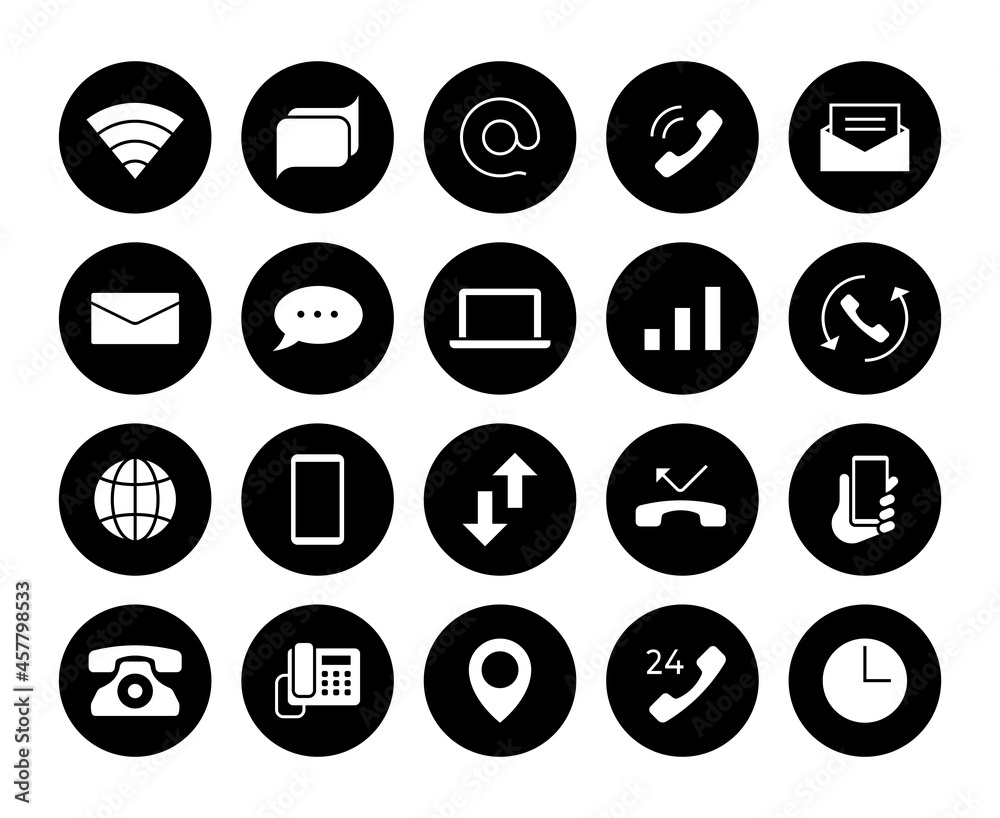 Aufkleber Contact icons. Phone communication pictograms. Email and text message symbols. Mail and call black silhouette signs set. Vector internet or network connection interface round elements