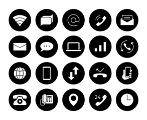 Contact icons. Phone communication pictograms. Email and text message symbols. Mail and call black silhouette signs set. Vector internet or network connection interface round elements