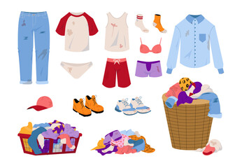 Dirty laundry. Cartoon seasonal clothing with mud stains. Pile of men and women garments. T-shirts jeans socks with spots. Basket and box for messy clothes. Vector unwashed apparel set