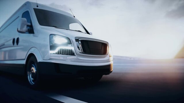 3d generic white delivery van on highway. Very fast driving. Delivery concept. Realistic 4k animation.