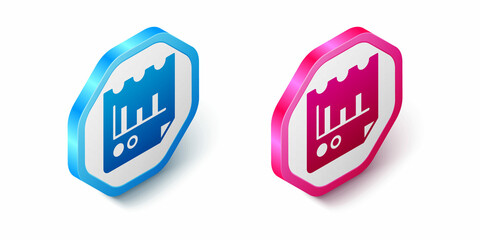 Isometric Document with graph chart icon isolated on white background. Report text file icon. Accounting sign. Audit, analysis, planning. Hexagon button. Vector