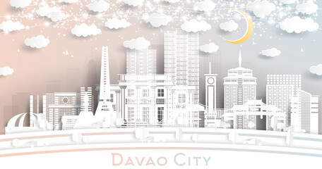 Davao City Philippines Skyline in Paper Cut Style with White Buildings, Moon and Neon Garland.