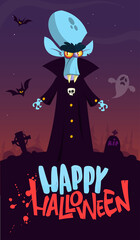 Vampire cartoon character on night cemetery background. Halloween illustration of funny creature. Package, poster or greeting invitation design. Vector