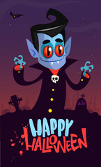 Vampire cartoon character on night cemetery background. Halloween illustration of funny creature. Package, poster or greeting invitation design. Vector
