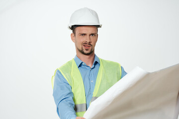 male builders blueprints builder isolated background