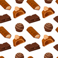 Chocolate candies pattern. Seamless texture of delicious sweets. Milk cacao dessert with nuts and topping. Unhealthy food background. Tasty glazed confectioneries. Vector print design