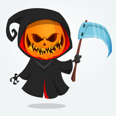 Obraz premium Grim reaper pumpkin head cartoon character with scythe. Halloween jack o lantern illustration design for party invitation or poster. Vector scarecrow