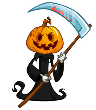Grim reaper pumpkin head cartoon character with scythe. Halloween jack o lantern illustration design for party invitation or poster. Vector scarecrow