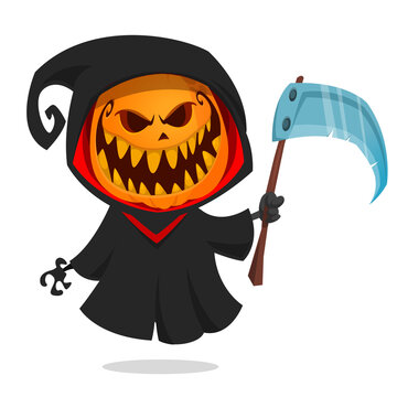 recommend clip art: Grim reaper pumpkin head cartoon character with scythe. Halloween jack o lantern illustration design for party invitation or poster. Vector scarecrow