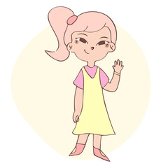 Cute little girl smiles and raise his hand to say hello. Hand drawn style vector illustration