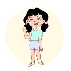 Cute little girl smiles and raise his hand to say hello. Hand drawn style vector illustration