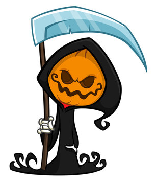 Grim reaper pumpkin head cartoon character with scythe. Halloween jack o lantern illustration design for party invitation or poster. Vector scarecrow