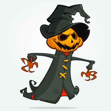 recommend clip art: Grim reaper pumpkin head cartoon character. Halloween jack o lantern illustration design for party invitation or poster. Vector scarecrow
