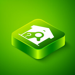 Isometric Warehouse check icon isolated on green background. Green square button. Vector