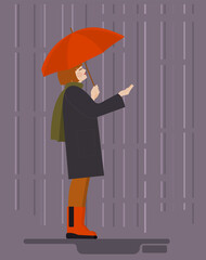A girl or woman in autumn clothes with an umbrella in her hand is standing in the rain. Vector illustration. The concept of delight in the autumn period.