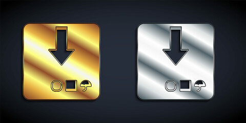 Gold and silver Carton cardboard box icon isolated on black background. Box, package, parcel sign. Delivery and packaging. Long shadow style. Vector