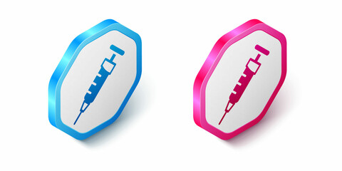Isometric Syringe icon isolated on white background. Syringe for vaccine, vaccination, injection, flu shot. Medical equipment. Hexagon button. Vector