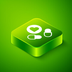 Isometric Medicine pill or tablet icon isolated on green background. Capsule pill and drug sign. Pharmacy design. Green square button. Vector