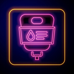 Glowing neon IV bag icon isolated on black background. Blood bag. Donate blood concept. The concept of treatment and therapy, chemotherapy. Vector