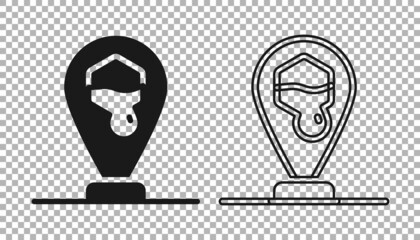 Black Honeycomb bee location map pin pointer icon isolated on transparent background. Farm animal map pointer. Vector