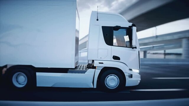 3d generic white delivery truck on highway. Very fast driving. Delivery concept. Realistic 4k animation.