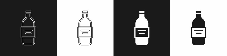 Set Glass bottle of vodka icon isolated on black and white background. Vector
