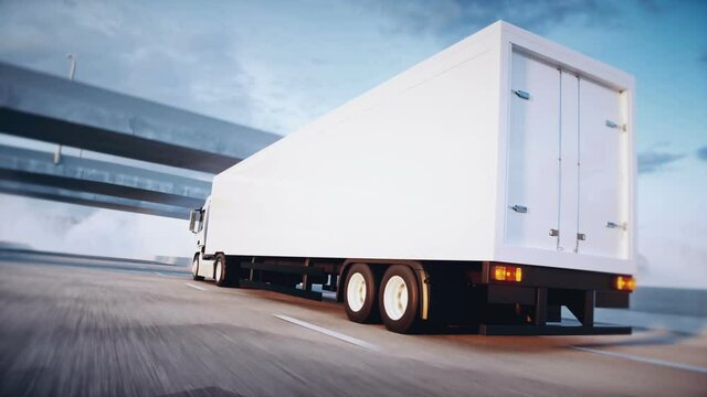 3d generic white delivery truck on highway. Very fast driving. Delivery concept. Realistic 4k animation.