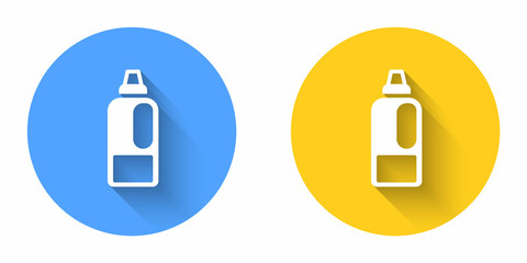 White Plastic bottle for laundry detergent, bleach, dishwashing liquid or another cleaning agent icon isolated with long shadow background. Circle button. Vector