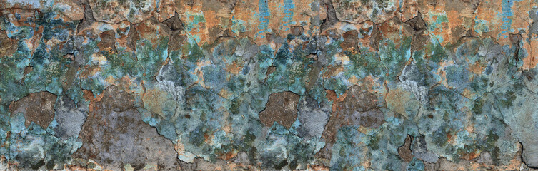 motley damaged stucco wall with cracks and peeling paint flakes - obrazy, fototapety, plakaty