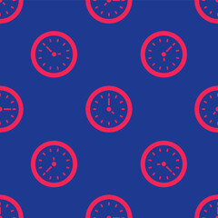 Red Clock icon isolated seamless pattern on blue background. Time symbol. Vector