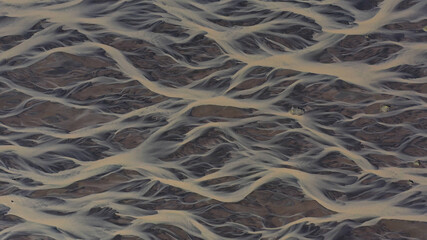 Aerial over Glacial river Meltwater mixed with natural mineral, Skaftafell river
