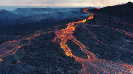 Lava flows from Mount Fagradalsfjall, aerial evening view, iceland
lava spill out of the crater ...