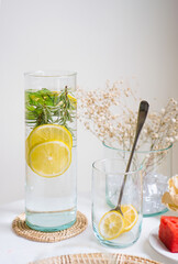 Detox and be healthy with infused water from organic lemon fruit from the farm. Copy space photo for the concept of healthy, food dietary, eating and drinking for mindful.