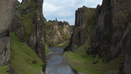 fjaðrárgljúfur massive canyon in Iceland, Aerial view
, drone view, February 2021

