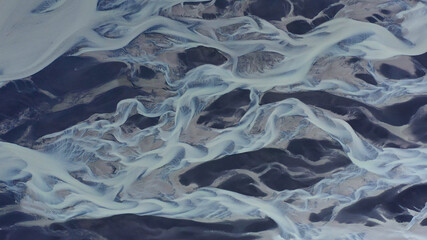 Aerial over Glacial rivers Meltwater mixed with natural mineral, Iceland
sediment in river deltas...