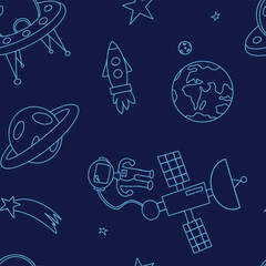 Space seamless pattern. Hand draw space illustration with a rocket, astronaut, planets and aliens. Cute, children s vector drawing about spaceships, flying saucers and shuttles. Space with Saturn