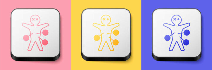 Isometric Voodoo doll icon isolated on pink, yellow and blue background. Happy Halloween party. Square button. Vector