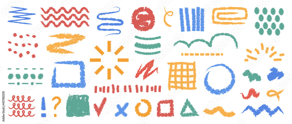 Aufkleber hand drawn doodles set, isolated flat cartoon shapes, spots and blots, objects and shapes patterns. 
