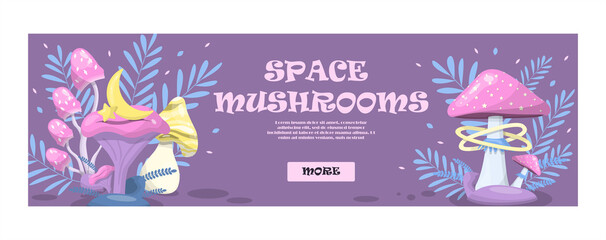 vector magic mushrooms. Banner Space cartoon mushrooms. Colorful illustrations of space with flying saucers, planets and stars. Banner, advertisement, poster. A set of witch icons for Halloween.