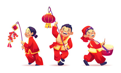 Chinese New Year festival, people celebrate CNY isolated on white. Vector boys and girls with paper lanterns and firecrackers, oriental parade, asian kids in red traditional costumes celebrating fest