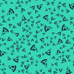 Black Slice of pizza icon isolated seamless pattern on green background. Fast food menu. Vector