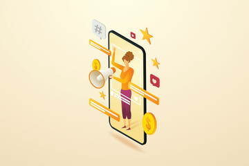 Woman megaphone promoting social media.