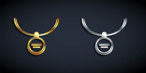 Gold and silver Locket on necklace icon isolated on black background. Long shadow style. Vector