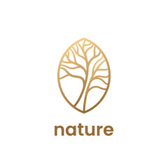 Nature logo template. Golden emblem with tree in outline style. Stock vector illustration for eco concepts, spa, cosmetics.