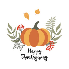 Postcard with pumpkin and autumn foliage.