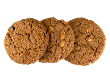 Delicious tasty snack of brown cookies with peanut isolated on white background
