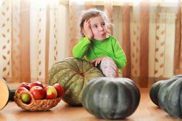 Fototapeta na wymiar Little child choose a pumpkin at autumn. Child sitting on giant pumpkin. Pumpkin is traditional vegetable used on American holidays - Halloween and Thanksgiving Day.