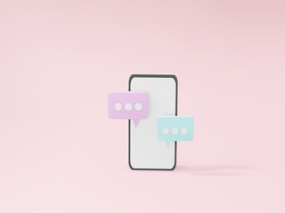 3D render smartphone with  chat bubbles, social media chat app trendy.